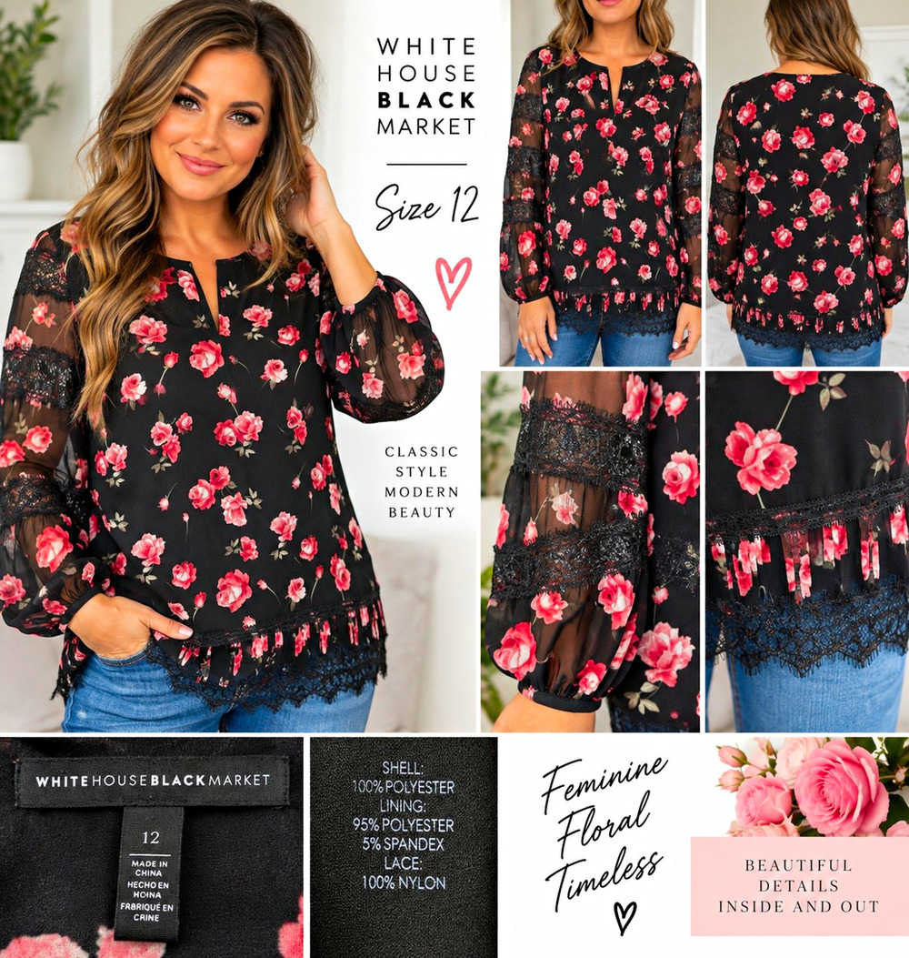 White House Black Market Blouse Womens 12 Black Pink Floral Lace Sheer Sleeve To